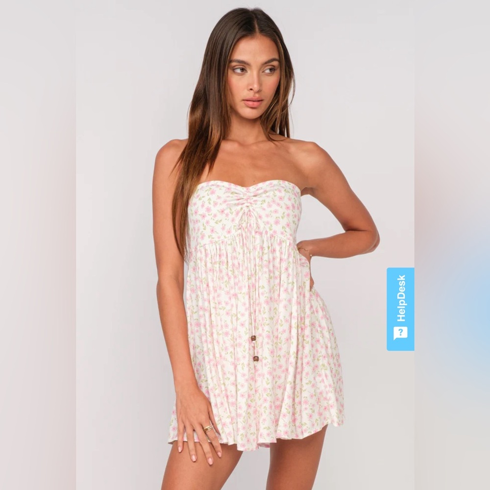 Lena White and Pink Floral Print Strapless Mini Dress